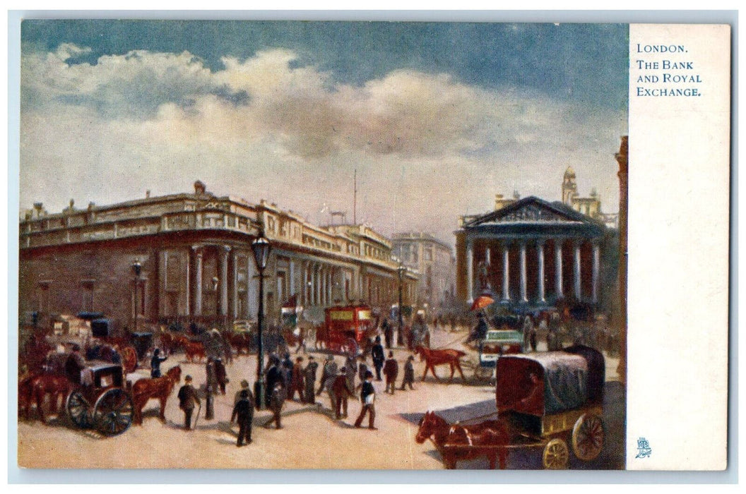 c1910 Horse Car, The Bank and Royal Exchange London England Tuck Art Postcard