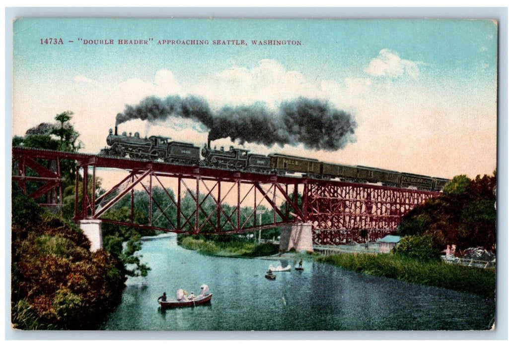 c1910 Double Header Steam Locomotive Approaching Seattle Washington WA Postcard