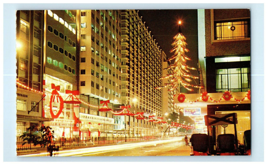 c1960's Christmas Tree and Lights, Christmas Night in Hong Kong China Postcard
