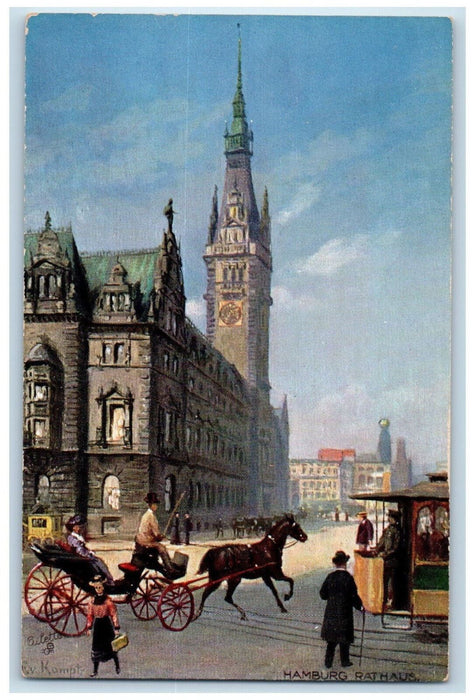c1910 Hamburg Rathaus Horse Carriage, Trolley Car Oilette Tuck Art Postcard