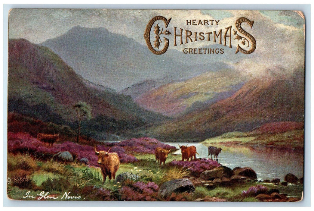 c1910 Hearty Christmas Greetings, Glen Nevis Embossed Oilette Tuck Art Postcard