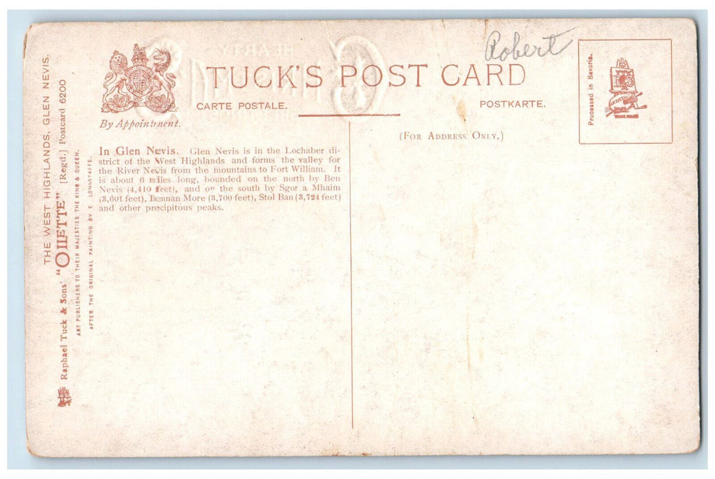 c1910 Hearty Christmas Greetings, Glen Nevis Embossed Oilette Tuck Art Postcard