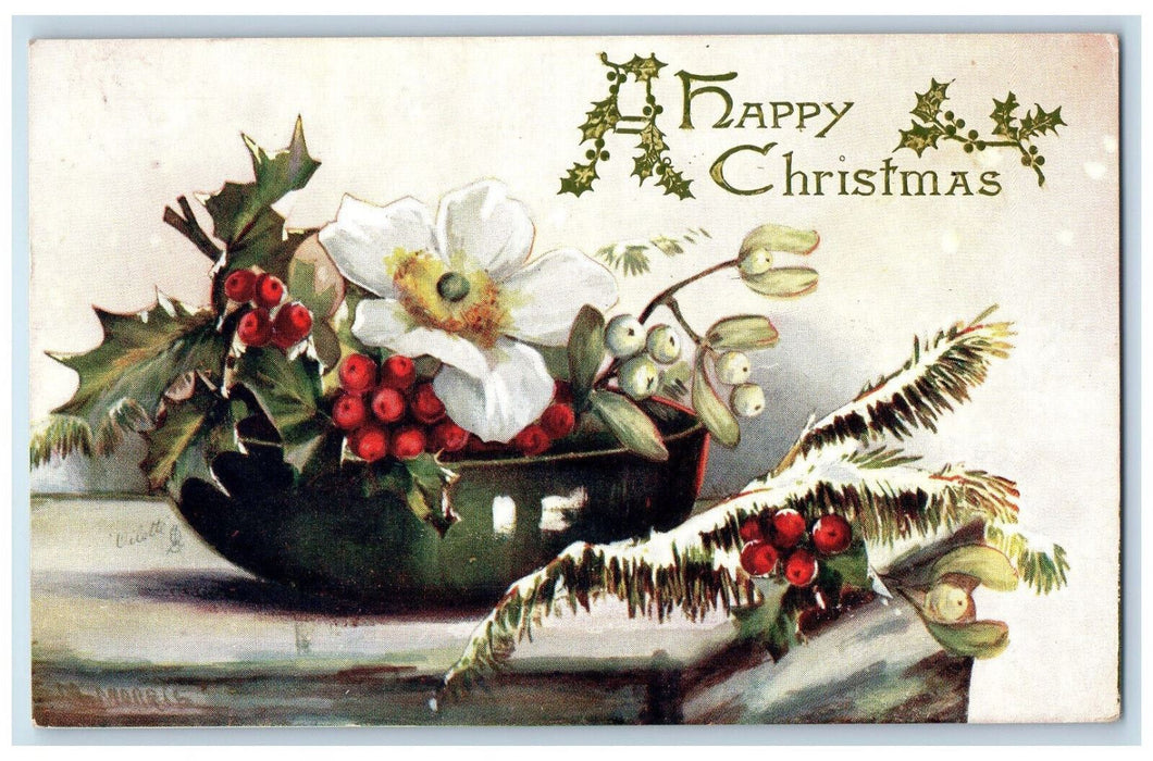 1908 A Happy Christmas Tree Branch Flower Holly Time Oilette Tuck Art Postcard