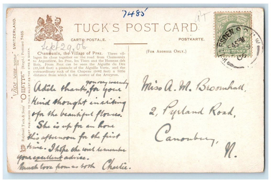 1906 Chamounix The Village of Praz. Switzerland Oilette Art Tuck Postcard