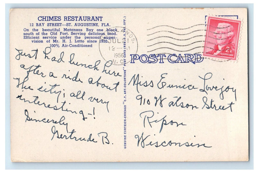 1956 Chimes Restaurant, Matanzas Bay St. Augustine Florida FL Postcard