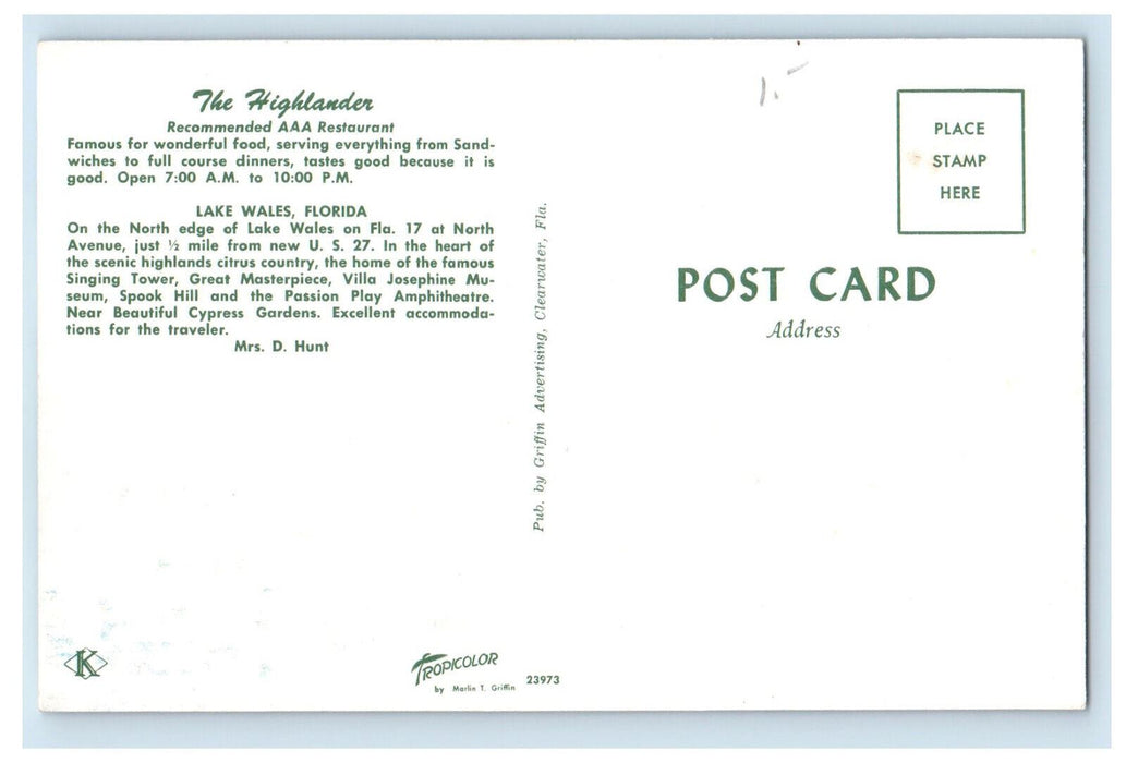 c1950's The Highlander Recommended AAA Restaurant Lake Wales Florida FL Postcard