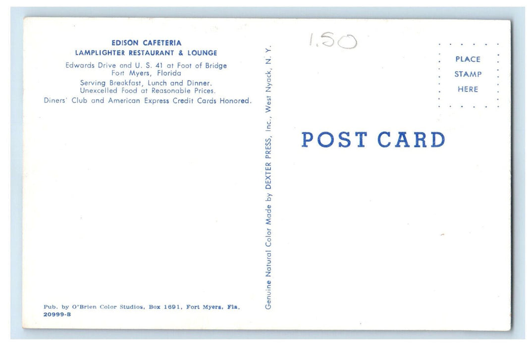 c1950's Edison Cafeteria Lamplighter Restaurant & Lounge Fort Myers FL Postcard