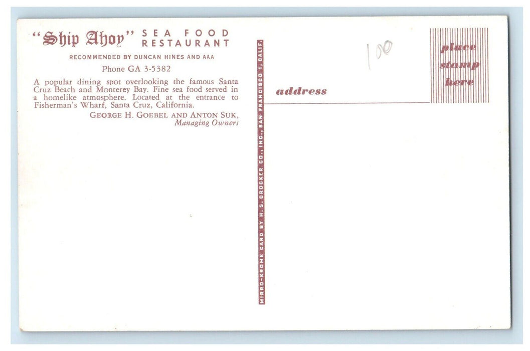c1960's Ship Ahoy Sea Food Restaurant Fisherman Santa Cruz California Postcard