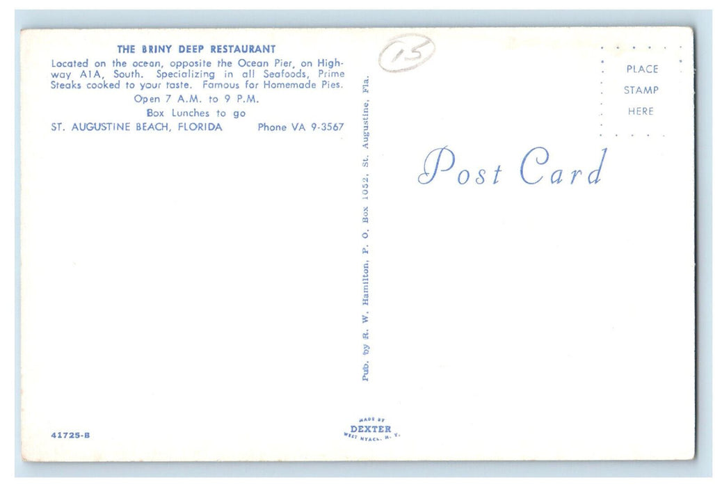 c1960's Briny Deep Restaurant Famous for Homemade Pies St. Augustine FL Postcard