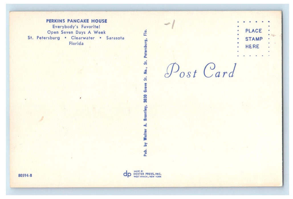 c1950's Entrance View, Perkins Pancake House, St. Petersburg Florida FL Postcard