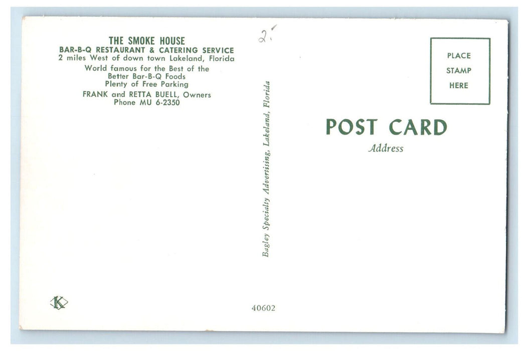 c1950's The Smoke House, Bar-B-Q Restaurant and Catering Service FL Postcard