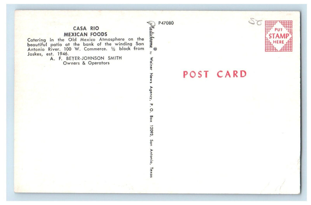 Casa Rio Mexican Foods Patio Boats Commerce San Antonio River TX Postcard