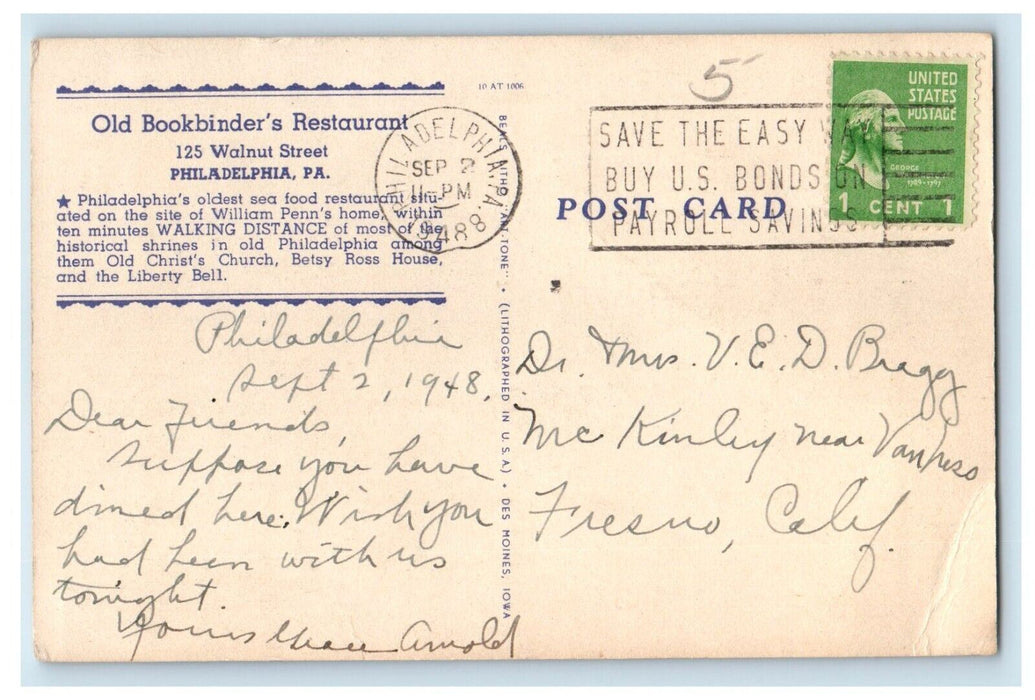 1948 Old Brookbinder's Restaurant Fireplace Philadelphia PA Vintage Postcard