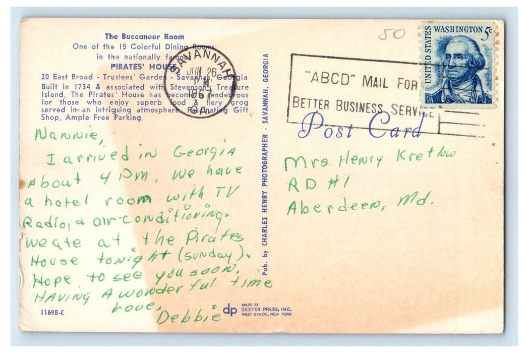 1967 The Buccaneer Room interior Pirate House Savanna Georgia GA Posted Postcard