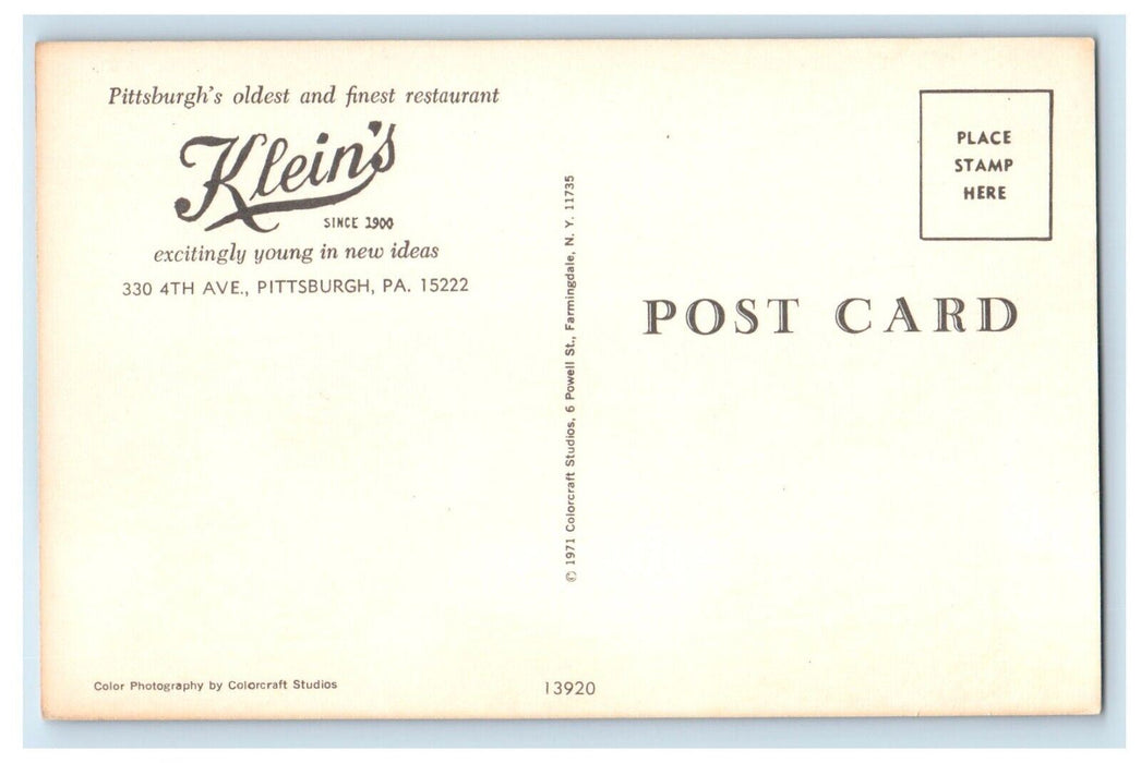 Klien's Restaurant Dining Room Pittsburg Pennsylvania PA Vintage Postcard