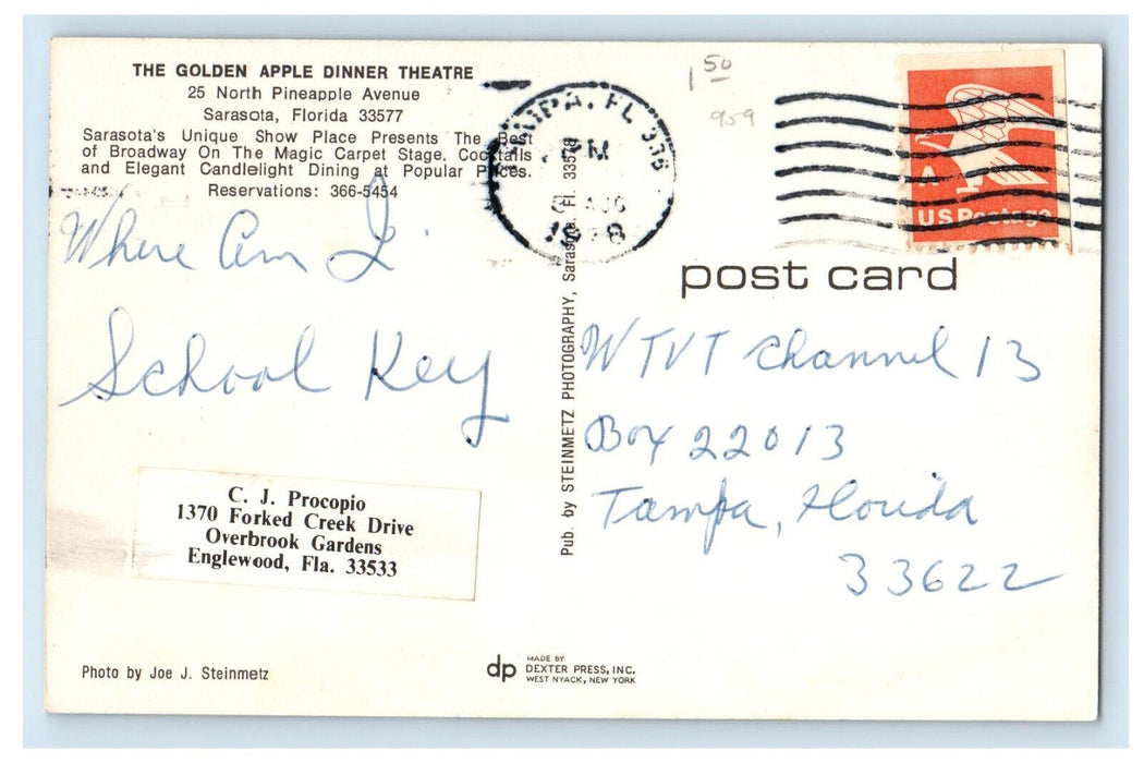 1978 Dining at The Golden Apple Dinner Theatre Sarasota Florida FL Postcard