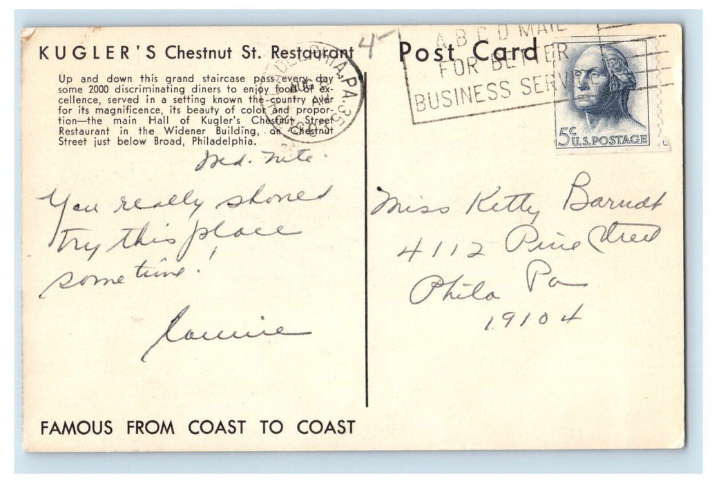 Kugler's Chestnut St. Restaurant Dining Room Philadelphia PA Posted Postcard