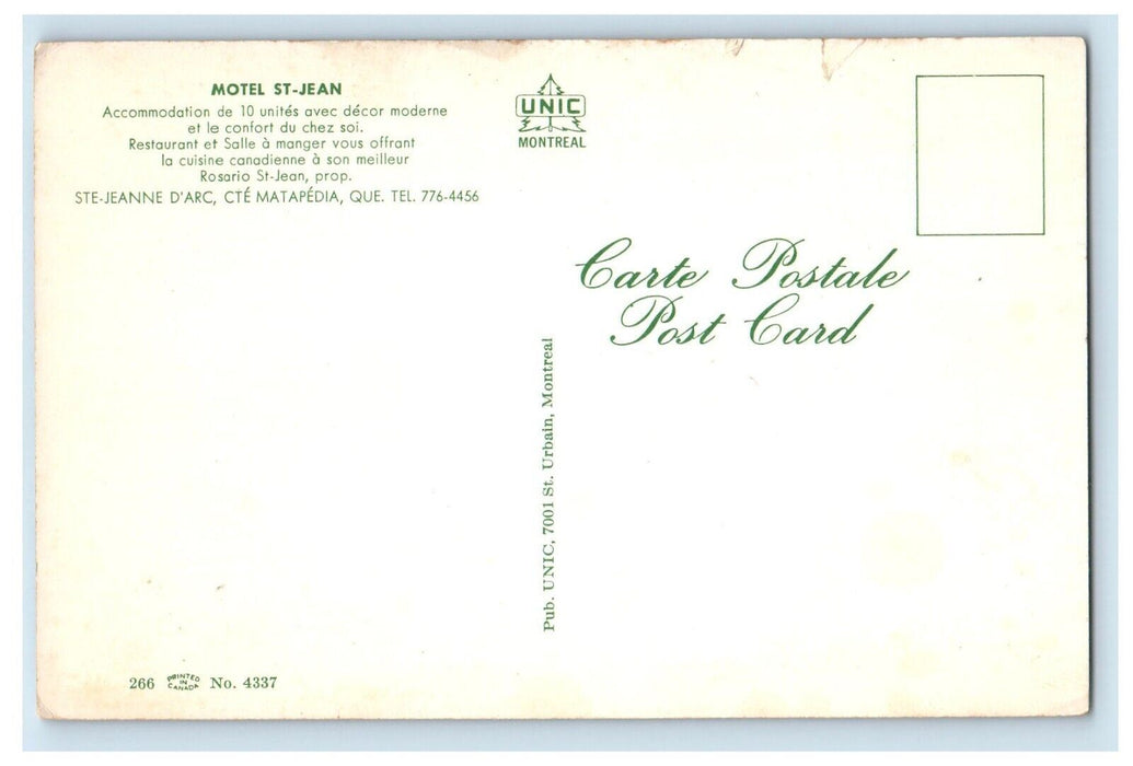 c1960's Motel & St. Jean Restaurant D'ARC cté Matapédia Quebec Canada Postcard