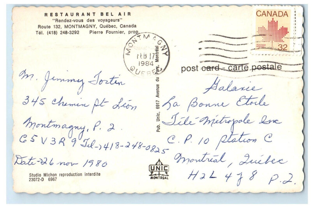 1984 Bel Air Restaurant Street View Cars Montmagny Quebec Canada Postcard