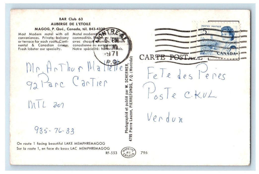 1971 Auberge De L'etoile Restaurant Canadian Cuisine Quebec Canada Postcard