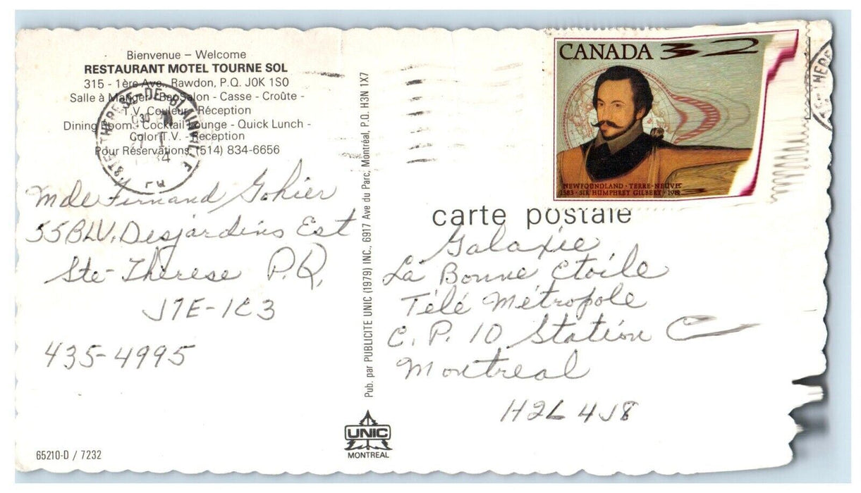 c1960's Restaurant Motel Tourne Sol Rawdon Quebec Canada Multiview Postcard