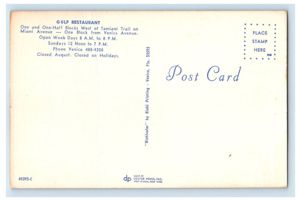 c1950's Entrance of Gulf Restaurant Miami Avenue Venice Florida FL Postcard