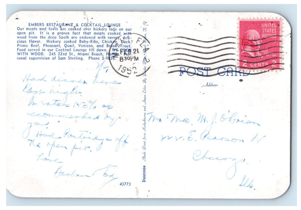1952 Embers Restaurant & Cocktail Lounge Miami Beach Florida FL Postcard