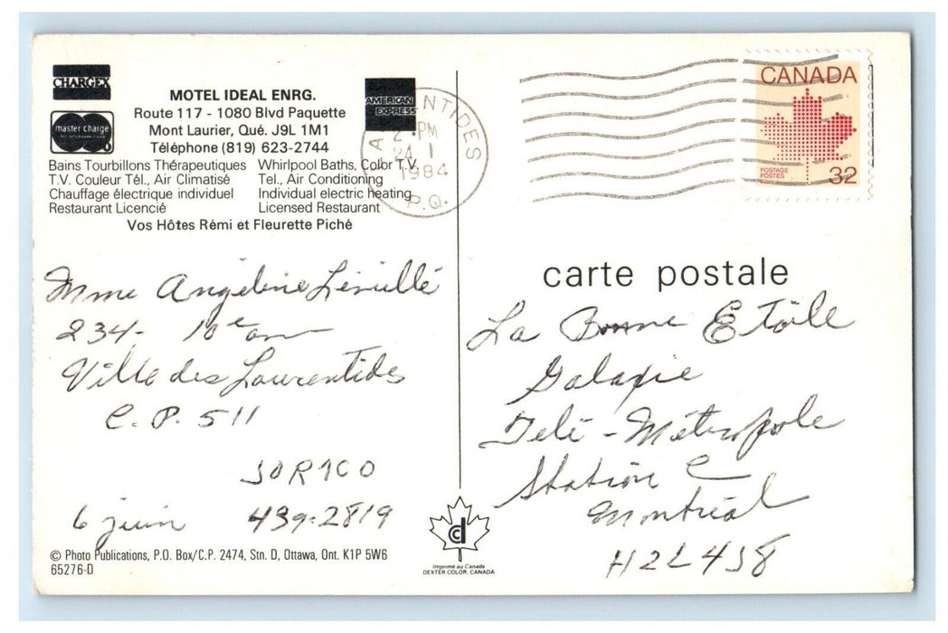 1984 Motel Ideal Engr Restaurant Canada Mont Laurier Quebec Canada Postcard