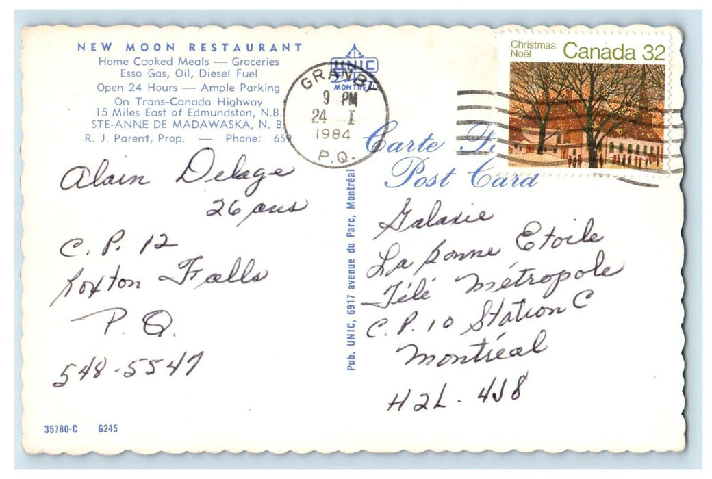 1984 New Moon Restaurant & Grocerie Parent St. Anne De Madawaska Canada Postcard