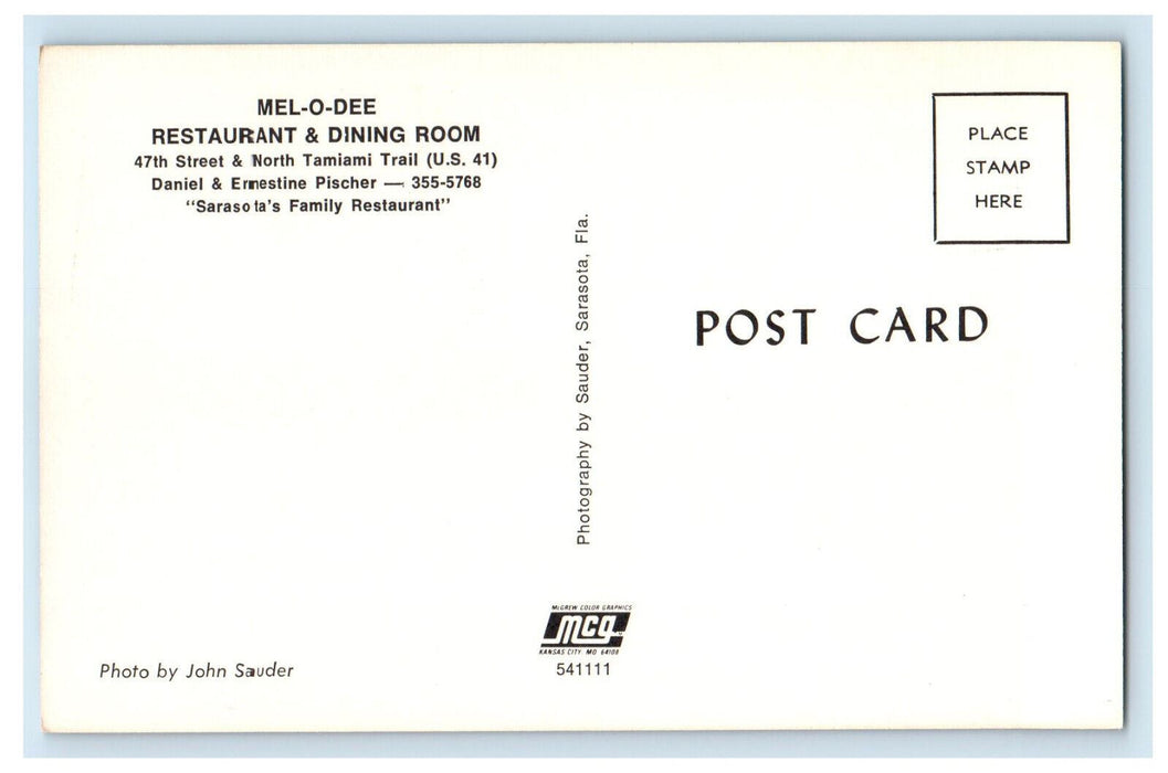 c1960's Entrance to Mel-O-Dee Restaurant and Dining Room Sarasota FL Postcard