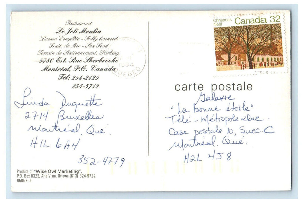 1984 Le Joli Moulin Restaurant Dining Room Montreal Quebec Canada Postcard