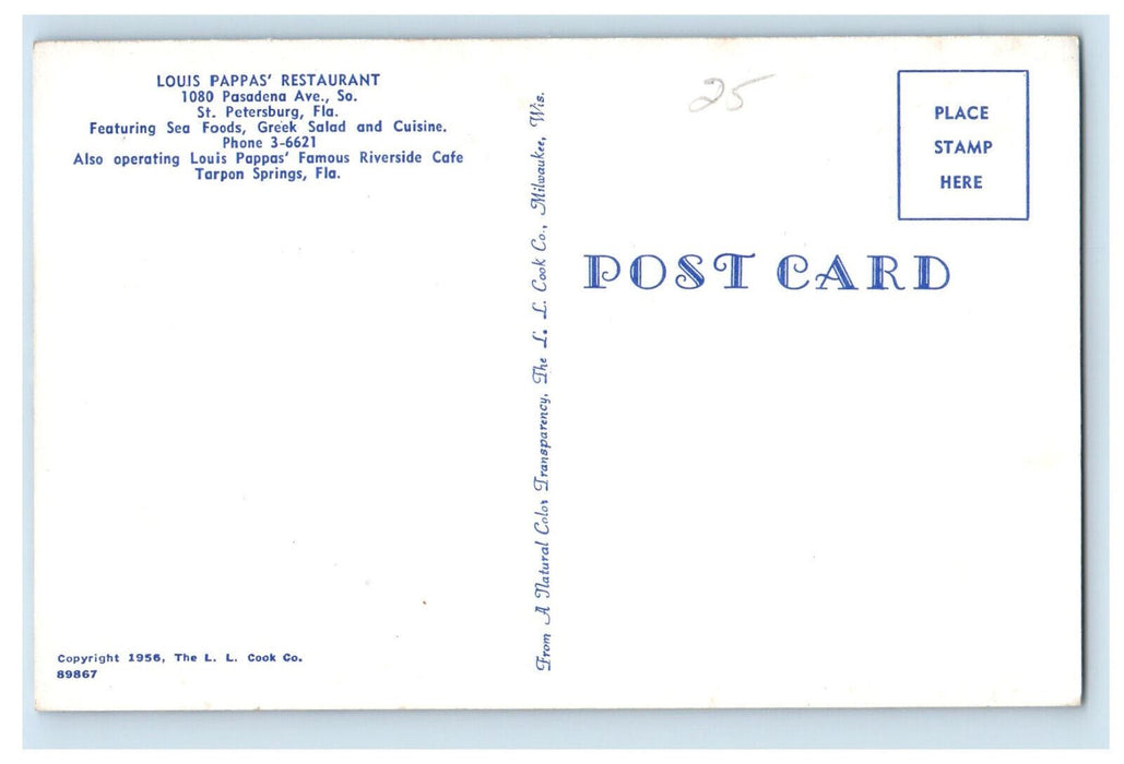 c1950's Seafood Cocktail at Louis Pappas Restaurant St. Petersburg FL Postcard