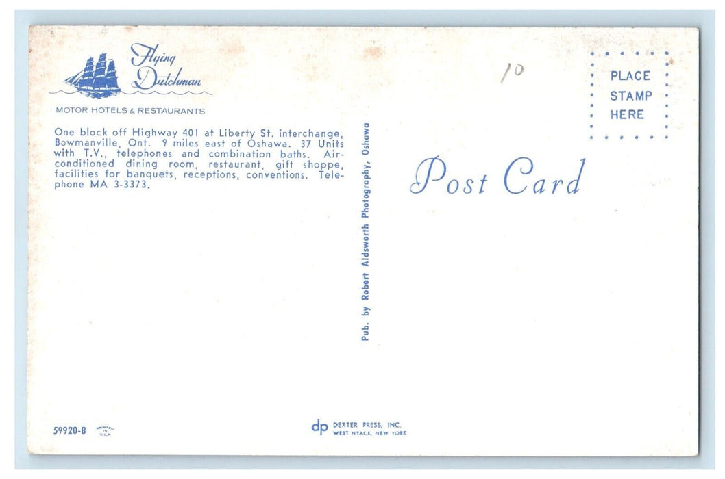 Flying Dutchman Motel Hotel Restaurant Bowmanville Ontario Canada Postcard