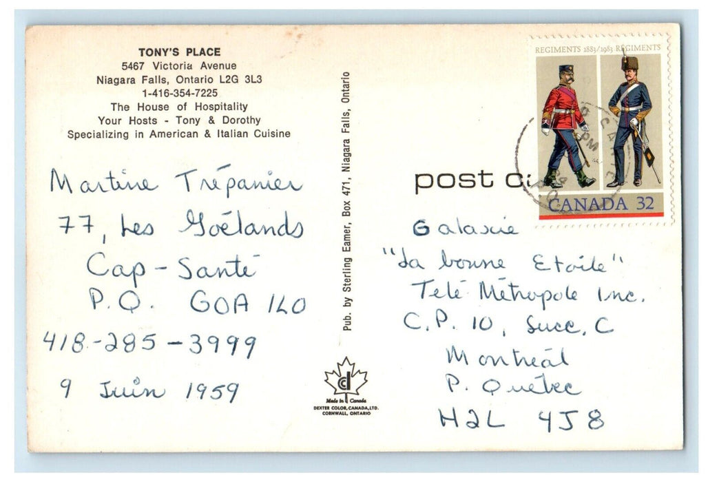 Tony's Place Family Restaurant Cars Niagara Falls Ontario Canada Postcard