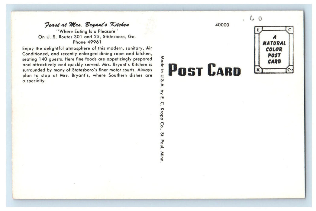 c1950's Multiview, Feast at Mrs. Bryant's Kitchen Statesboro Georgia GA Postcard