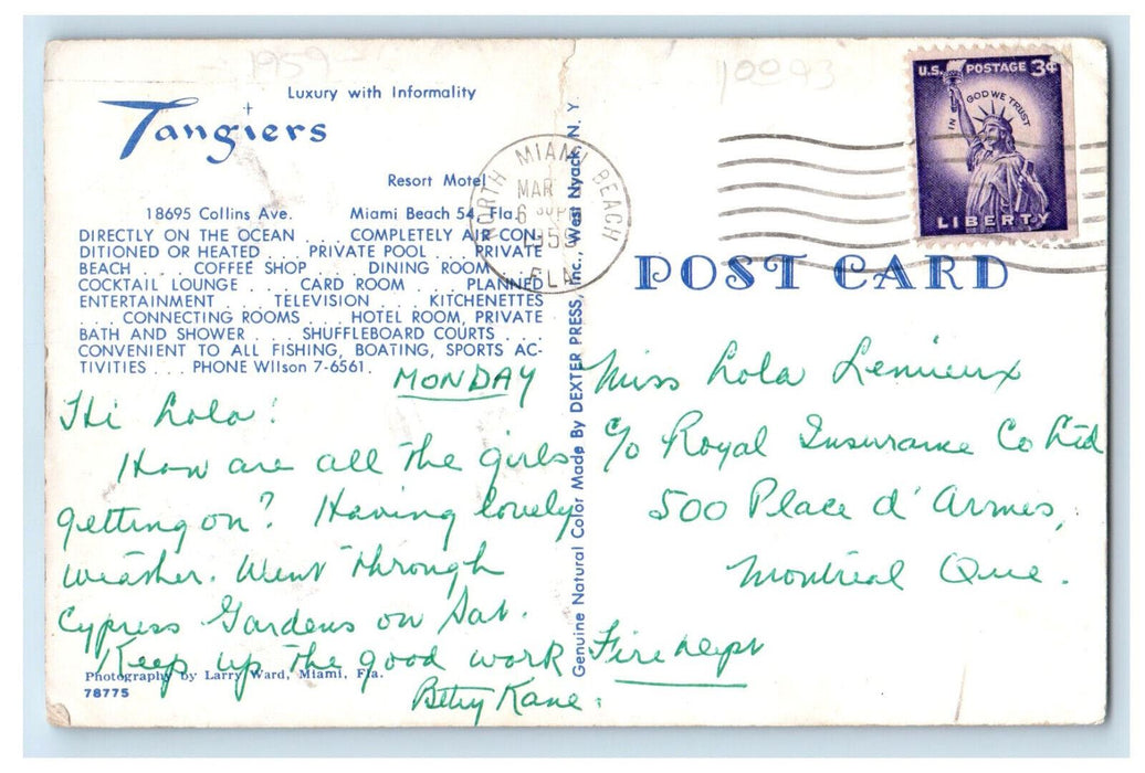 1959 Pool and Entrance of Tangiers Resort Motel Miami Beach Florida FL Postcard