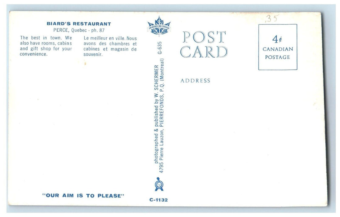 Biard's Restaurant Dining Room Street View Perce Quebec Canada Vintage Postcard