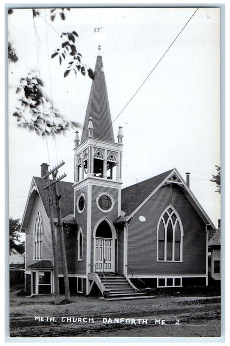 c1950's Methodist Church Bell Tower Danforth Maine ME RPPC Photo Postcard