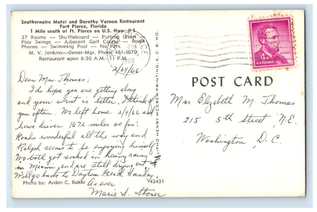 1966 Southernaire Motel and Dorothy Vernon Restaurant Fort Pierce FL Postcard