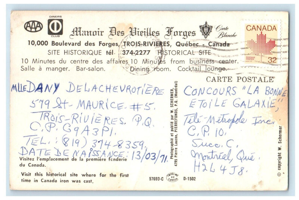 Manoir Des Vielles Forges Restaurant Trois Rivieres Quebec Canada Postcard