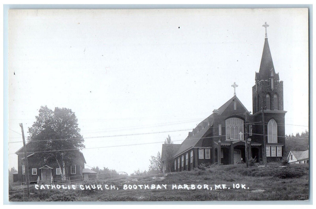 c1950's Catholic Church Steeple Boothbay Harbor Maine ME RPPC Photo Postcard