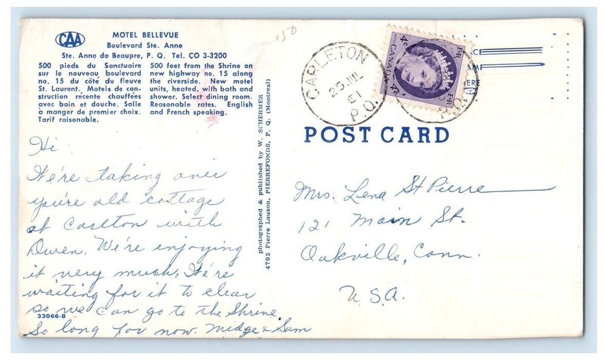 Motel Bellevue Dining Room Ste. Anne De Beaupre Quebec Canada Postcard