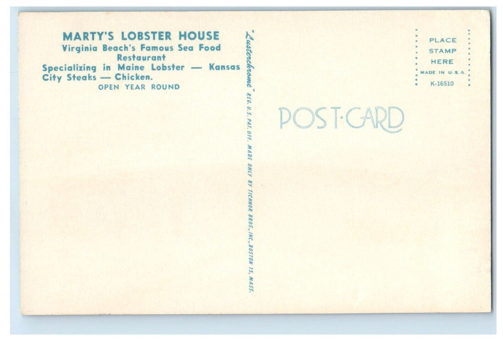 Marty's Lobster House Virginia Beach VA Seafood Steaks Restaurant Postcard