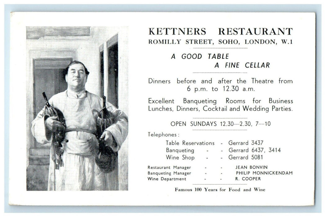 Kettners Restaurant Chef Advertising Soho London United Kingdom Antique Postcard