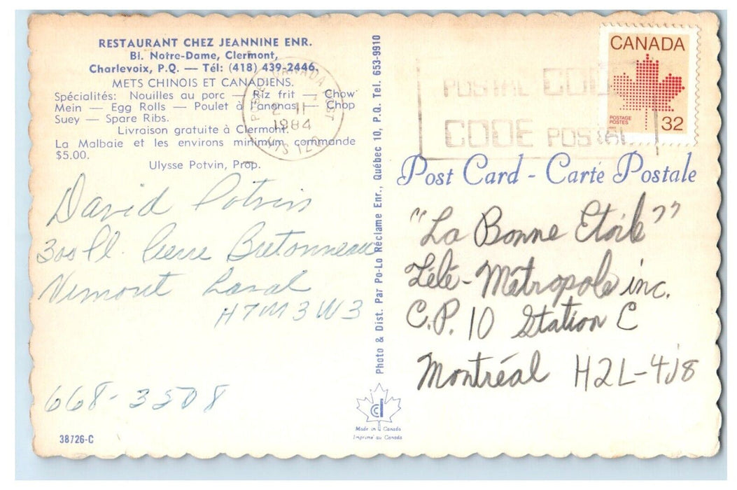 1984 Restaurant Chez Jeannine Notre Dame Clermont Canada Advertising Postcard