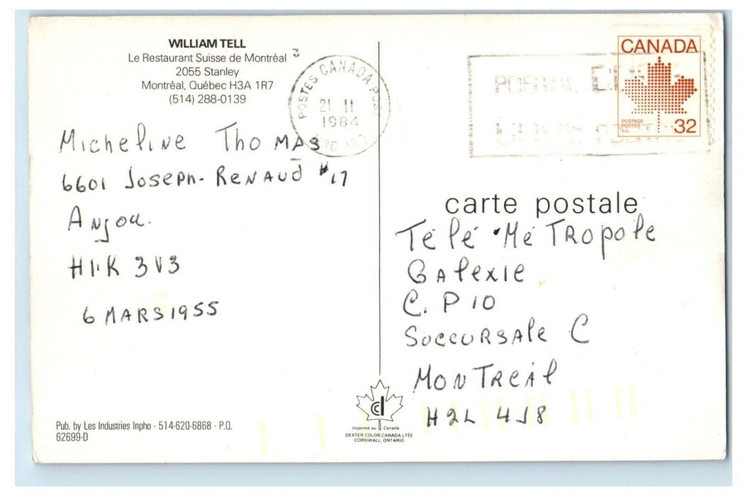 1984 William Tell Restaurant Dining Room Montreal Quebec Canada Posted Postcard