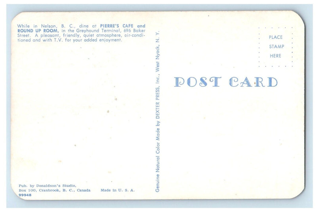Pierre's Cafe And Round Up Room Interior Greyhound Nelson B.C. Canada Postcard