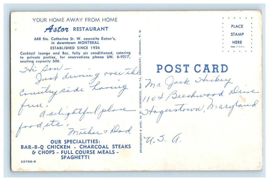 Astor Restaurant Dining Room And Cocktail Lounge Bar Montreal Canada Postcard