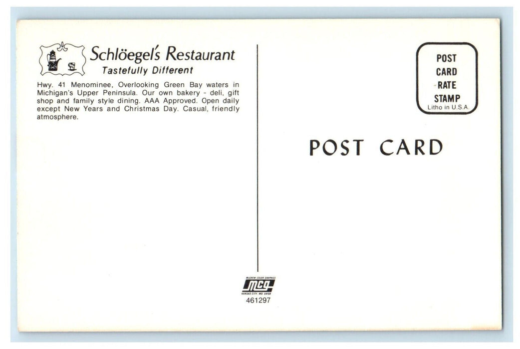 c1960's Schloegel's Restaurant Overlooking Green Bay Menominee MI Postcard
