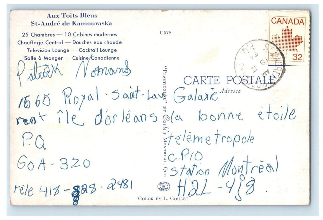 Aux Toits Bleus Restaurant Dining Room Saint Andre De Kamouraska Quebec Postcard
